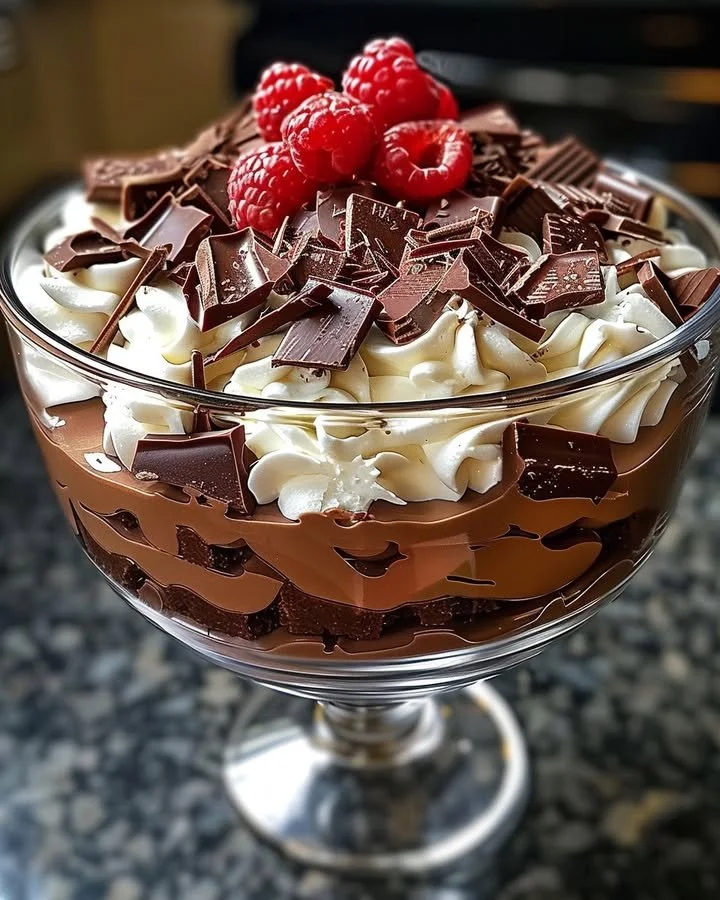 Baileys Chocolate Cheesecake Trifle layered with rich chocolate and creamy cheesecake.