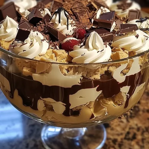 Delicious Baileys Chocolate Cheesecake Trifle layered with chocolate and cheesecake.
