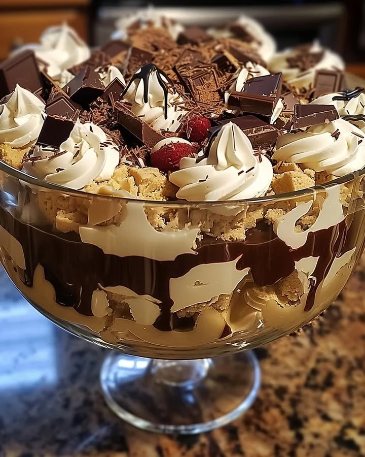 Delicious Baileys Chocolate Cheesecake Trifle layered with chocolate and cheesecake.