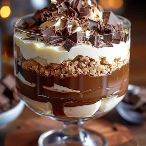 Delicious Baileys infused chocolate cheesecake trifle in a glass
