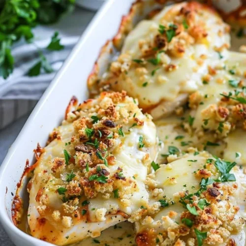 Baked Caesar Chicken garnished with parmesan and herbs