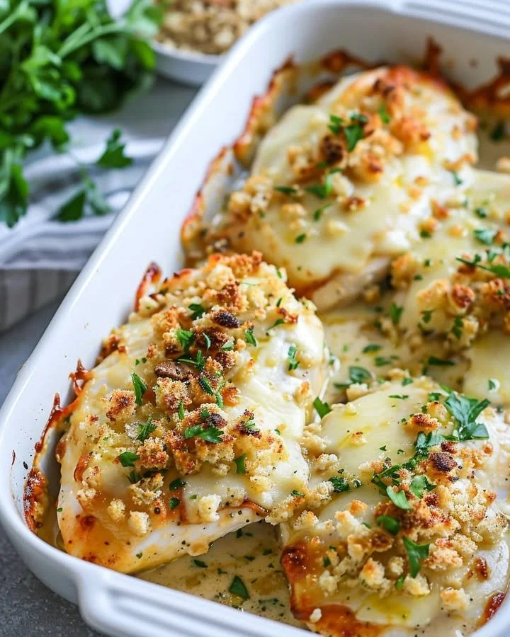 Baked Caesar Chicken garnished with parmesan and herbs