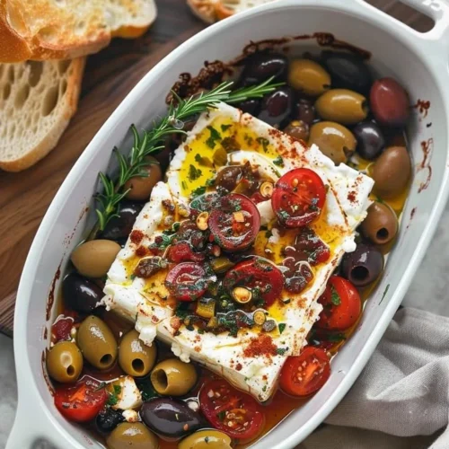 Baked feta with olives and tomatoes served on a platter