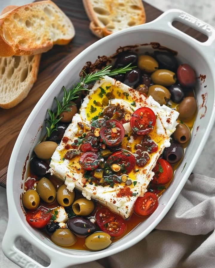 Baked feta with olives and tomatoes served on a platter