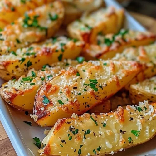 Baked Garlic Parmesan Potato Wedges served on a plate with herbs and spices.