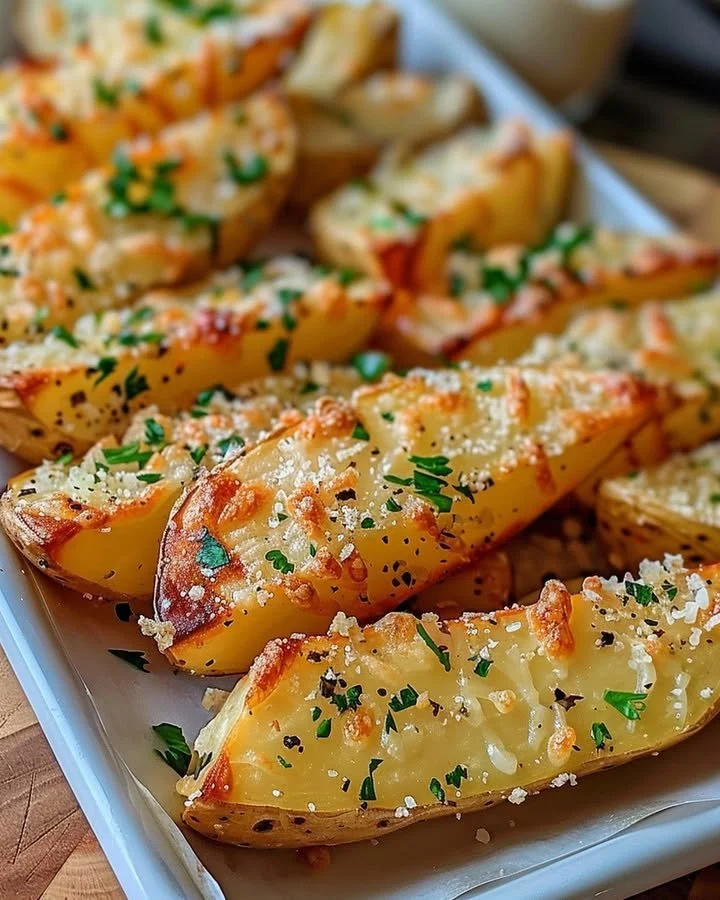 Baked Garlic Parmesan Potato Wedges served on a plate with herbs and spices.