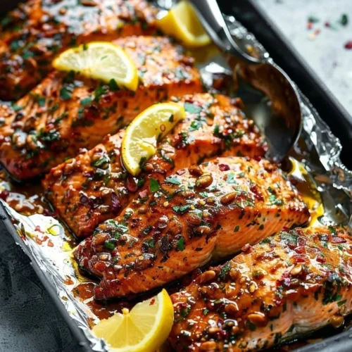 Baked Honey Garlic Salmon fillet garnished with herbs and served with vegetables
