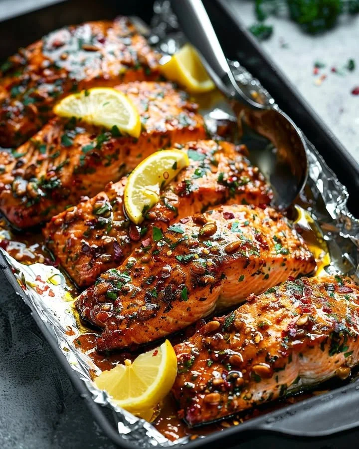 Baked Honey Garlic Salmon fillet garnished with herbs and served with vegetables