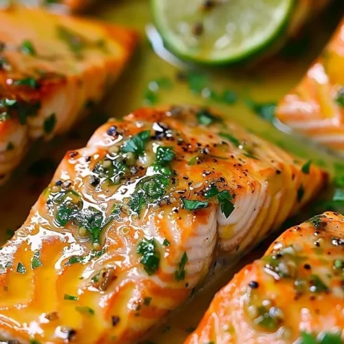 Baked honey lime garlic butter salmon served with fresh herbs and lemon