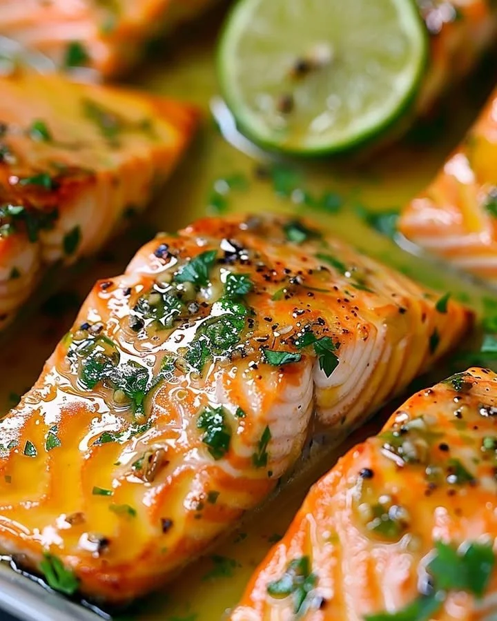 Baked honey lime garlic butter salmon served with fresh herbs and lemon