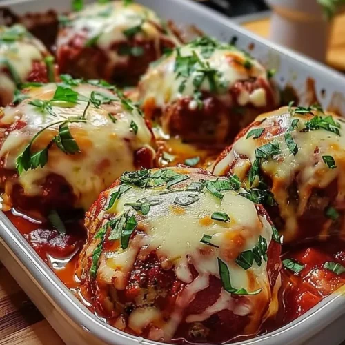 Baked mozzarella stuffed meatballs fresh from the oven, topped with sauce.