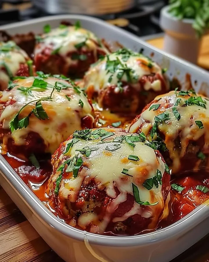 Baked mozzarella stuffed meatballs fresh from the oven, topped with sauce.