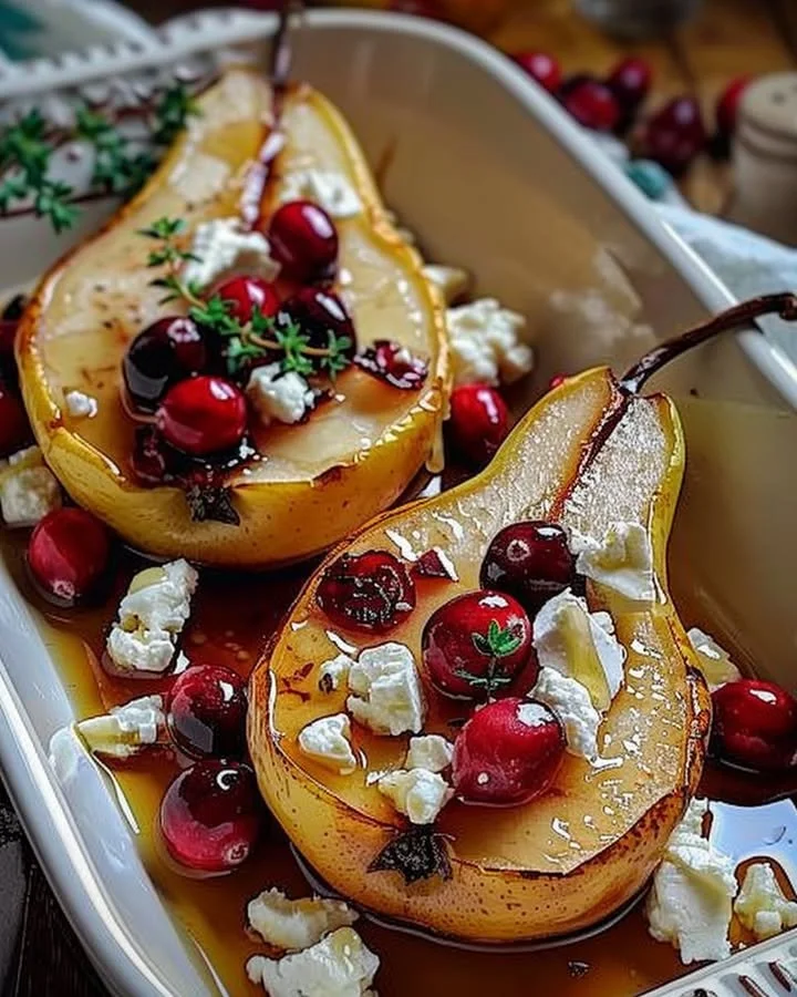 Baked pears with feta cheese, honey drizzle, and cranberries on a serving plate.