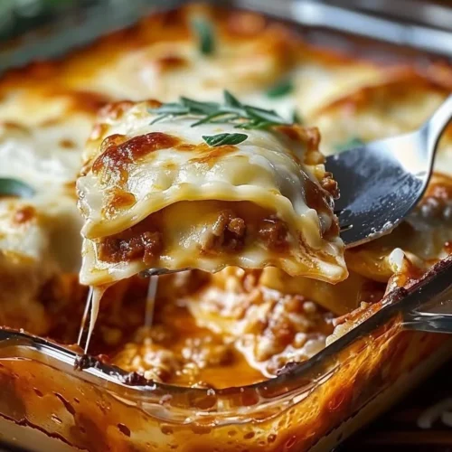 Delicious Baked Ravioli Casserole served in a baking dish with melted cheese