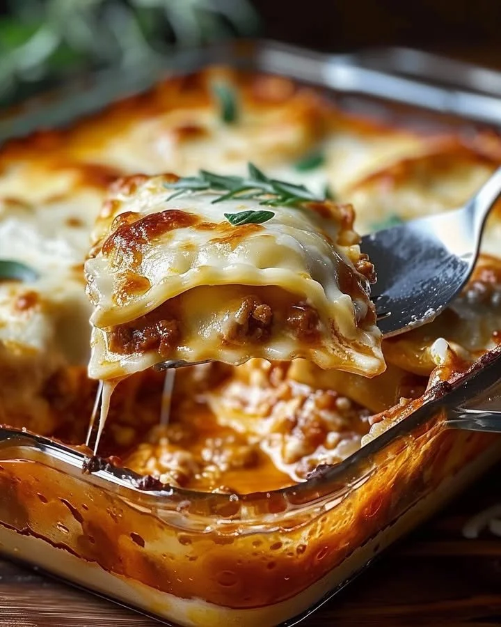 Delicious Baked Ravioli Casserole served in a baking dish with melted cheese
