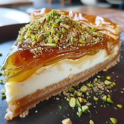 Delicious Baklava Cheesecake with pastry layers and nuts
