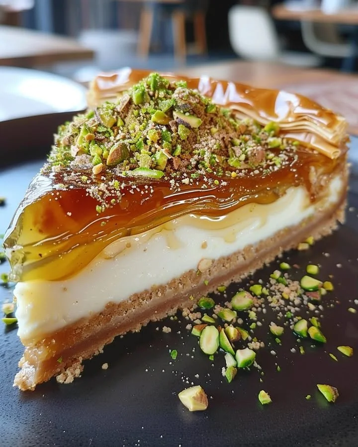 Delicious Baklava Cheesecake with pastry layers and nuts