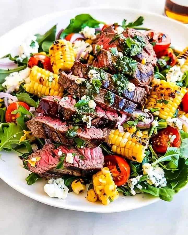 Balsamic Steak Gorgonzola Salad topped with grilled corn