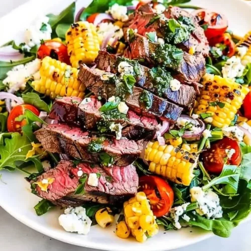 Balsamic steak salad with Gorgonzola cheese and grilled corn on a plate