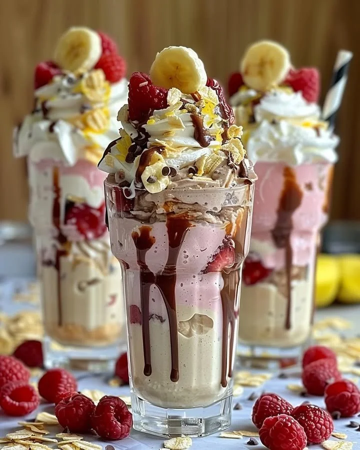 Delicious Banana Split Milkshake topped with whipped cream and a cherry