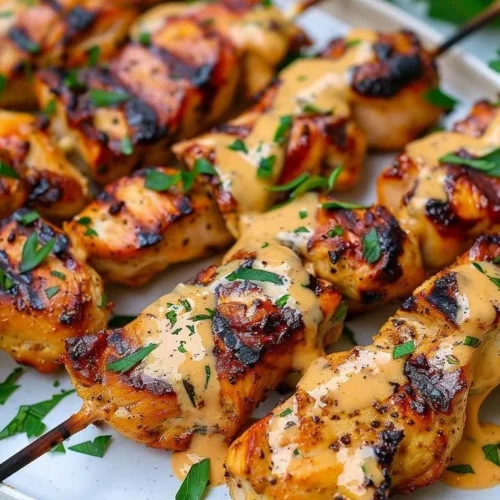 Plate of spicy Bang Bang Chicken Kebabs garnished with fresh herbs
