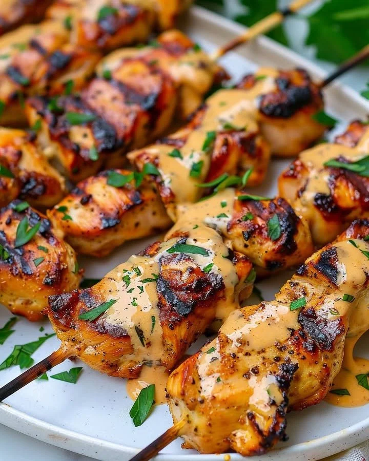 Plate of spicy Bang Bang Chicken Kebabs garnished with fresh herbs