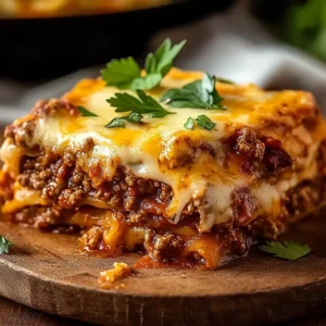 Delicious Beef Enchilada Casserole topped with cheese and fresh herbs
