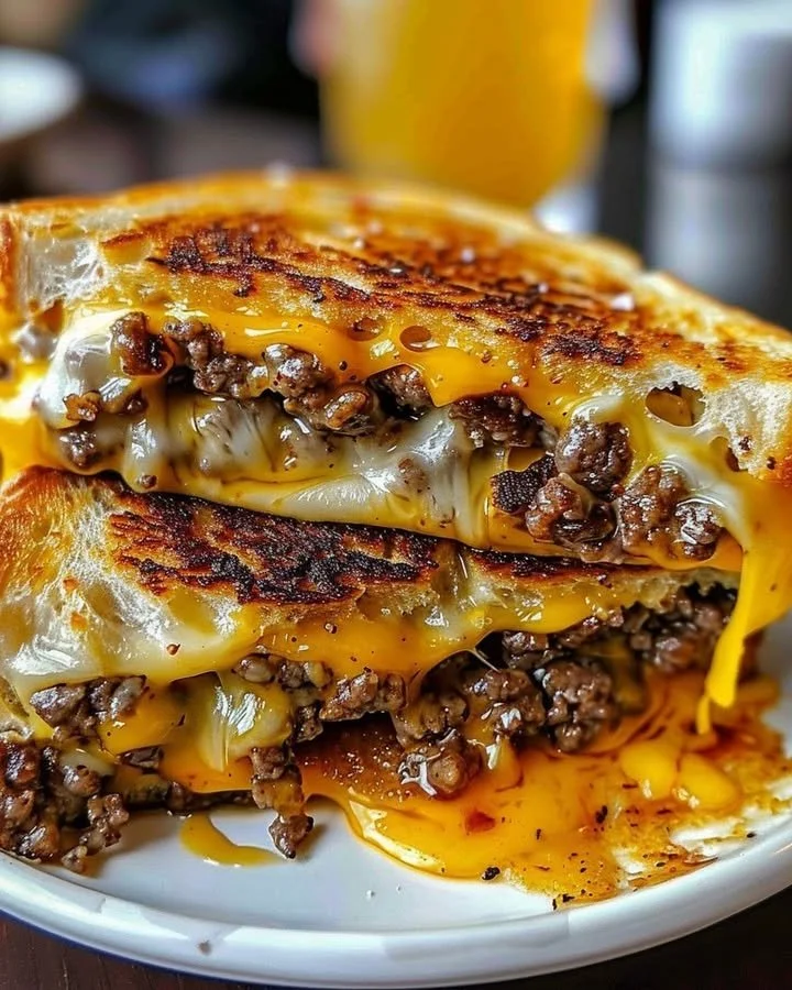 Delicious beef grilled cheese sandwich with melted cheese and juicy beef