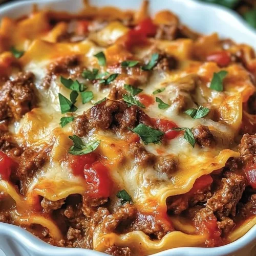 Delicious Beef Lombardi Casserole served in a baking dish