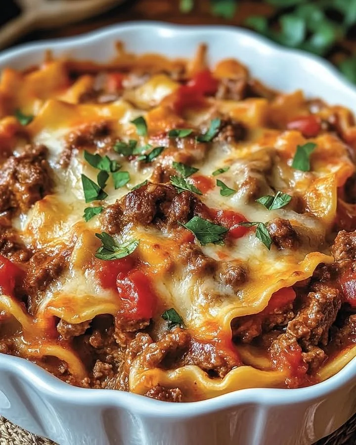 Delicious Beef Lombardi Casserole served in a baking dish