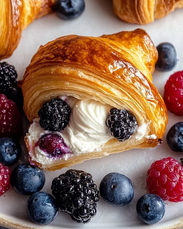 Delicious berries and cream filled croissants on a plate