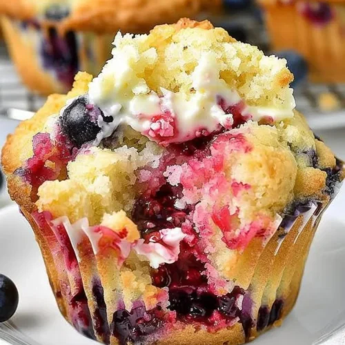 Freshly baked berry cream cheese muffins with vibrant berries on top.