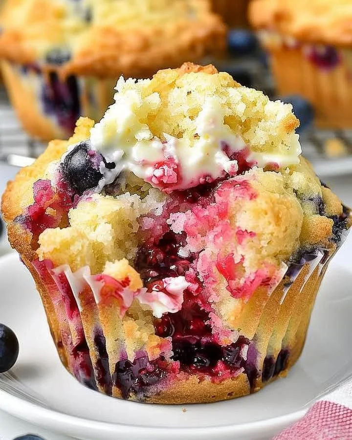 Freshly baked berry cream cheese muffins with vibrant berries on top.