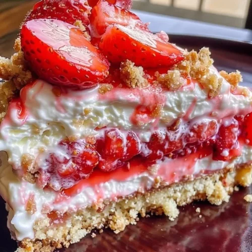 Slice of Berrylicious Strawberry Crunch Cheesecake topped with fresh strawberries.