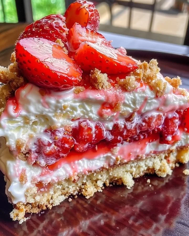 Slice of Berrylicious Strawberry Crunch Cheesecake topped with fresh strawberries.