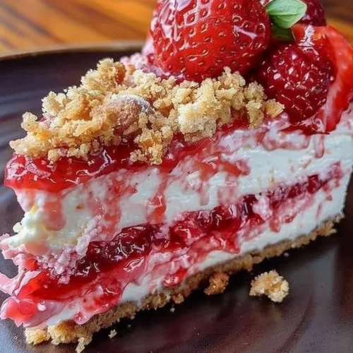 Berrylicious Strawberry Crunch Cheesecake topped with fresh strawberries and a crunchy layer.