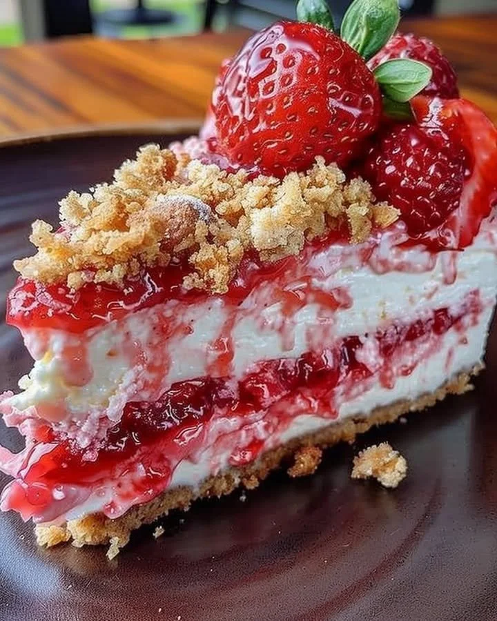 Berrylicious Strawberry Crunch Cheesecake topped with fresh strawberries and a crunchy layer.