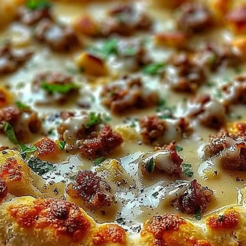 Delicious breakfast pizza with biscuits and sausage gravy topping.