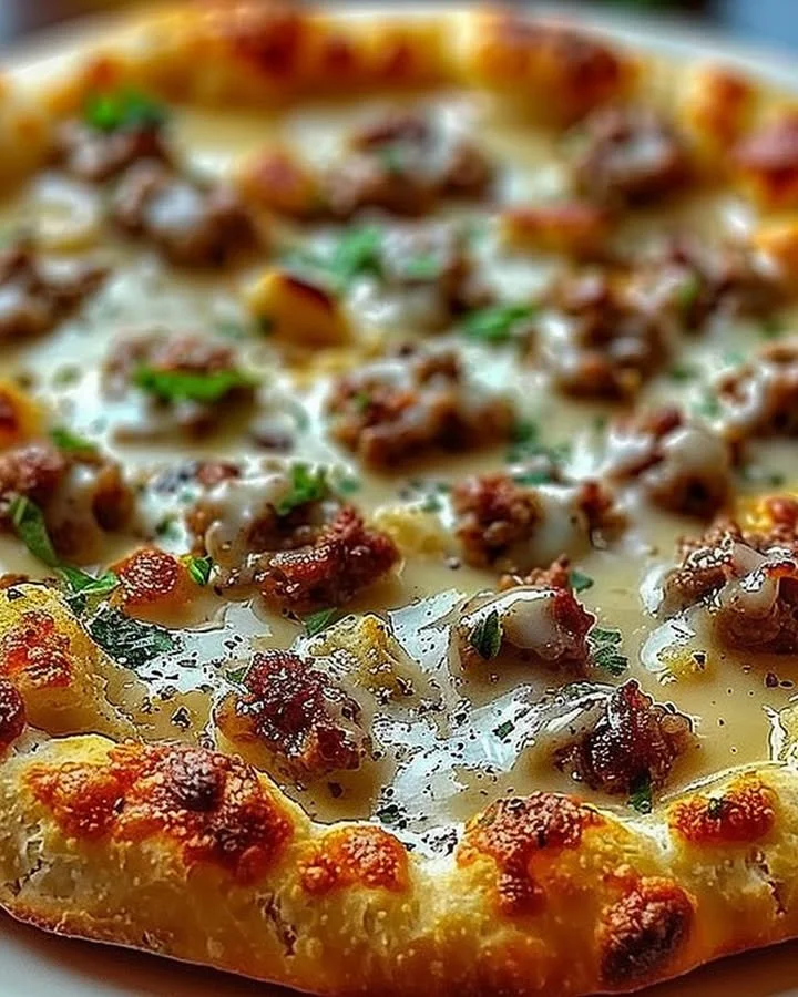 Delicious breakfast pizza with biscuits and sausage gravy topping.