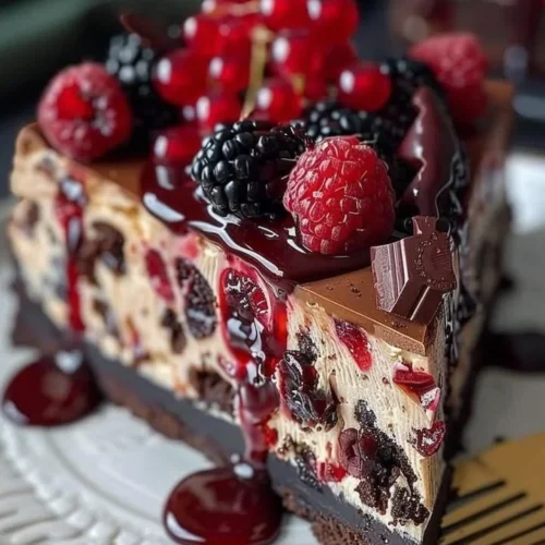 Delicious Black Forest Cheesecake Symphony topped with cherries and chocolate shavings