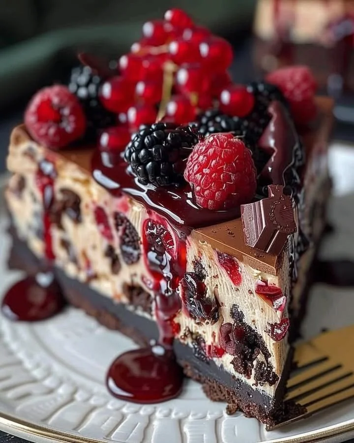 Delicious Black Forest Cheesecake Symphony topped with cherries and chocolate shavings