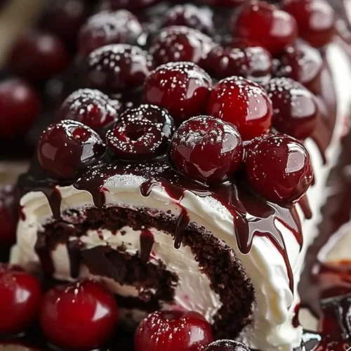 Delicious Black Forest Swiss Roll with chocolate and cherries