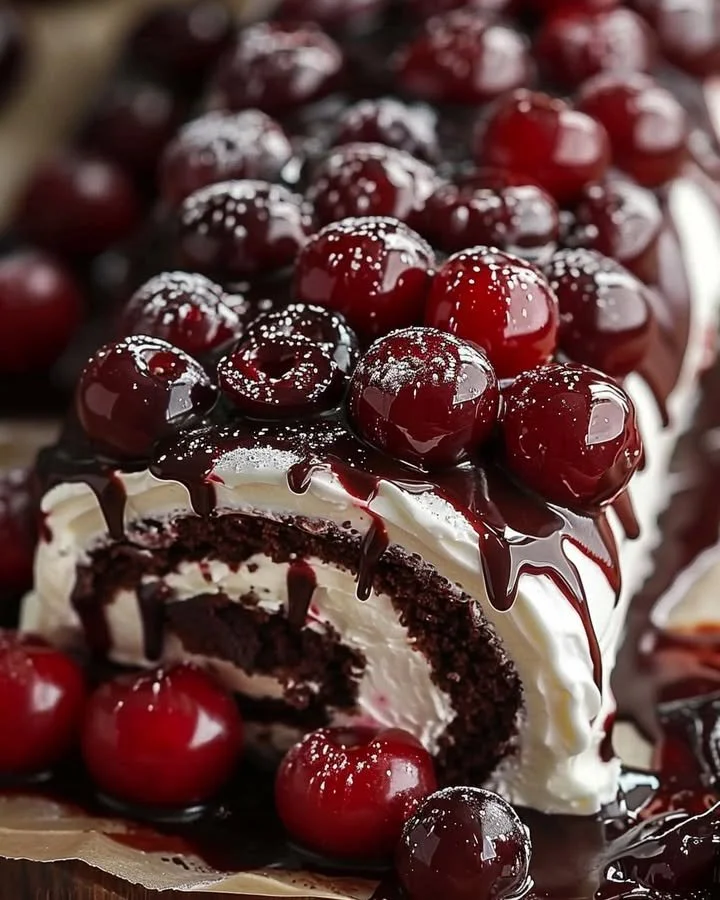 Delicious Black Forest Swiss Roll with chocolate and cherries