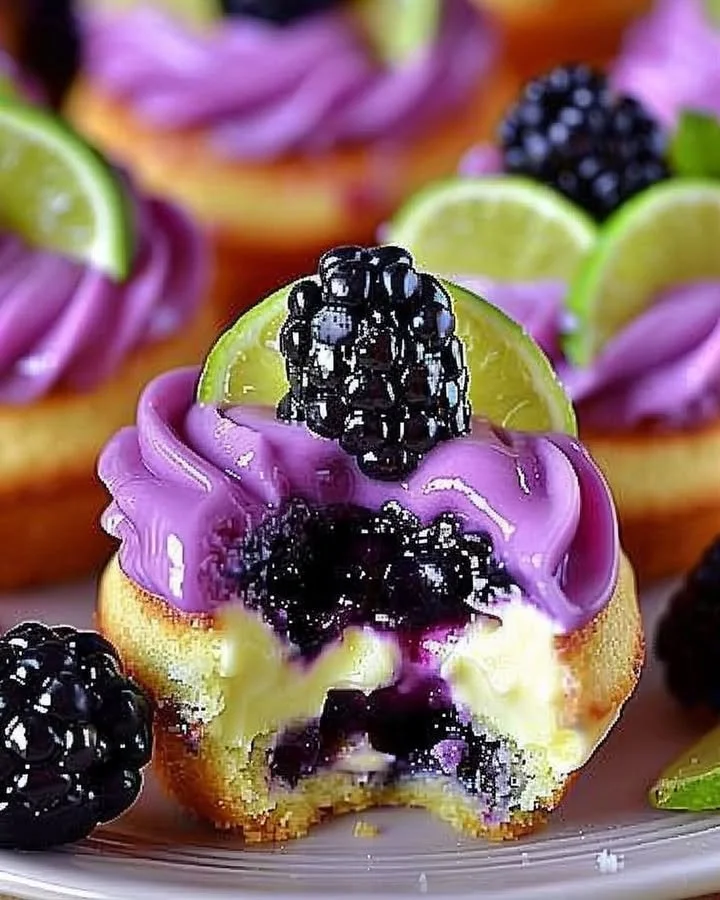 Blackberry Lime Cheesecake Cupcakes topped with fresh blackberries and lime zest