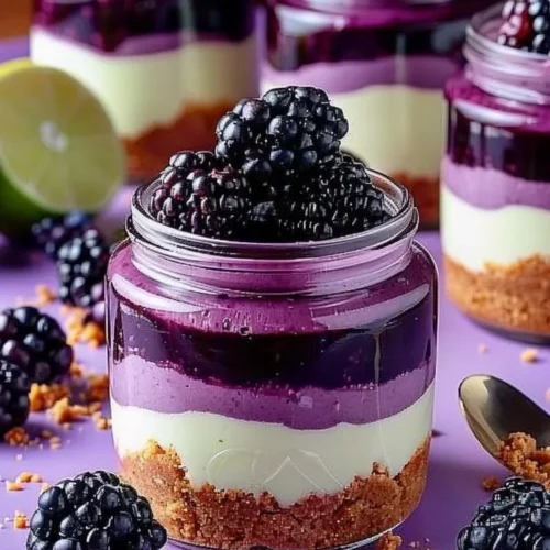 Blackberry Lime Cheesecake Jars topped with fresh blackberries and lime zest