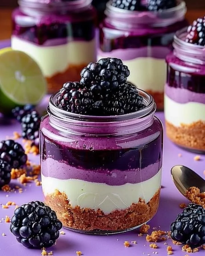 Blackberry Lime Cheesecake Jars topped with fresh blackberries and lime zest