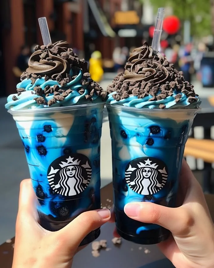 Blue Cookies & Cream Dip Frappuccino topped with whipped cream and cookie crumbles