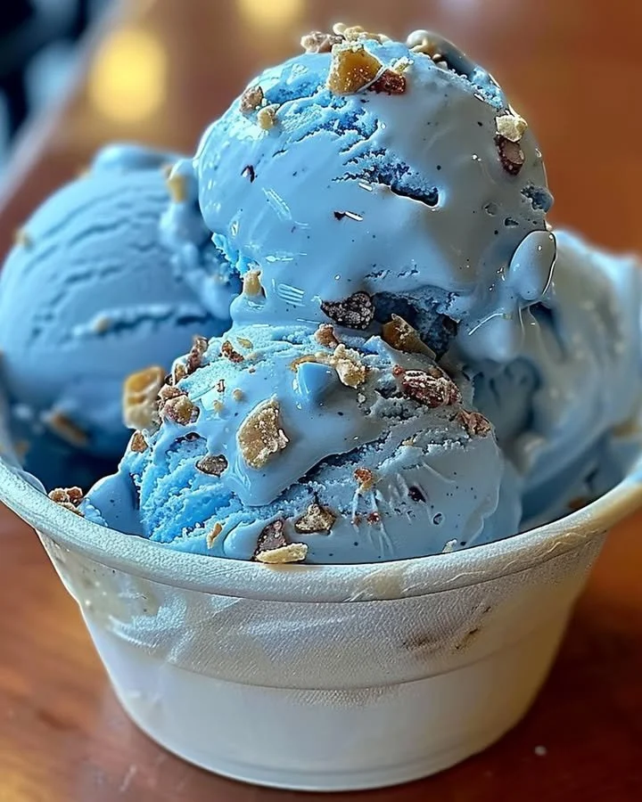 A scoop of Blue Moon ice cream in a cone, showcasing its vibrant blue color.