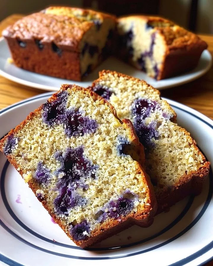 Loaf of homemade blueberry banana bread with fresh blueberries