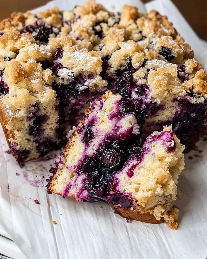 Slice of Blueberry Brioche Cake with blueberries on top